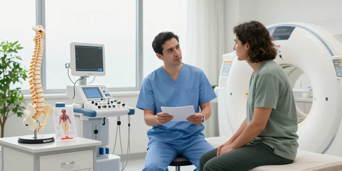 Discussing Bel fıtığı ameliyatı with a patient in a modern healthcare facility.