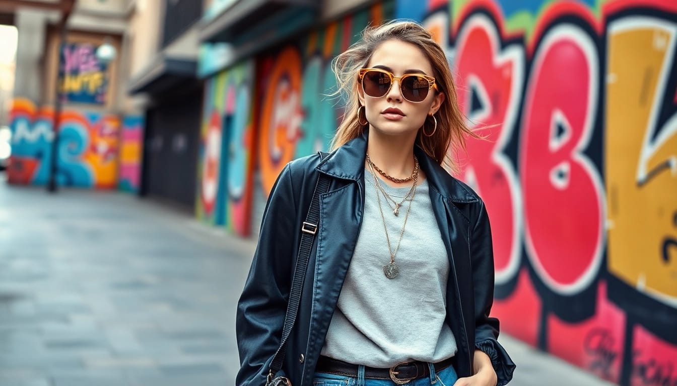 Showcasing vibrant Fashion styles through an urban model in trendy attire.