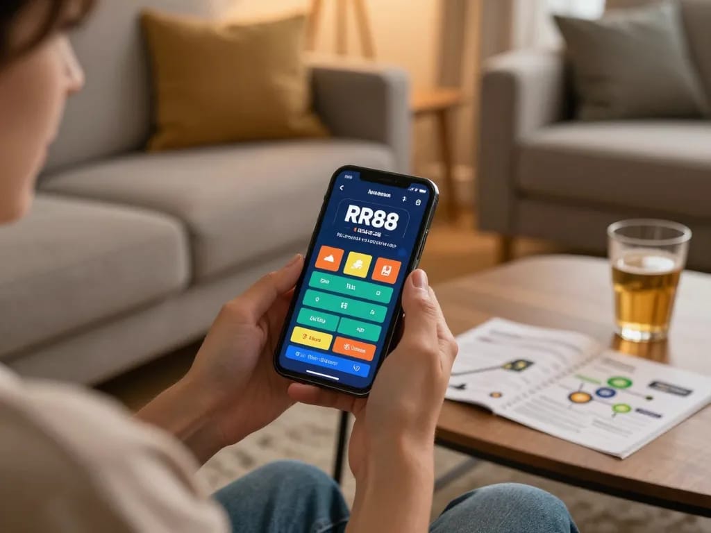 Engage with the RR88 App while relaxing at home, featuring modern online gambling setup.