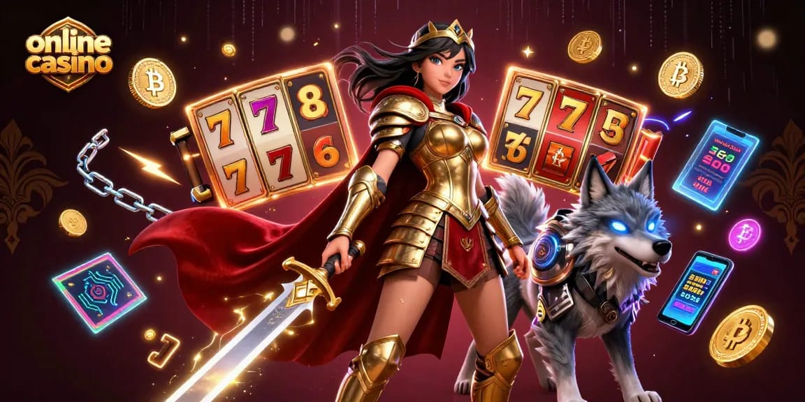 Engage with online casino adventures through vibrant illustration of a warrior queen and gaming elements.