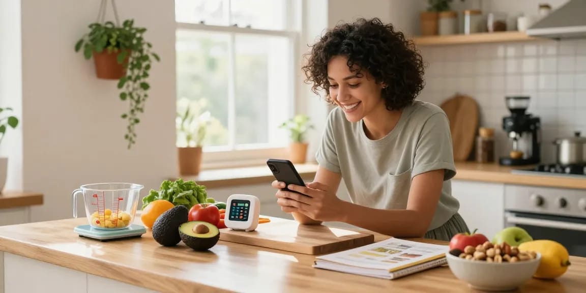 Discovering the best food tracker while logging meals in a bright kitchen with fresh ingredients and a smartphone.