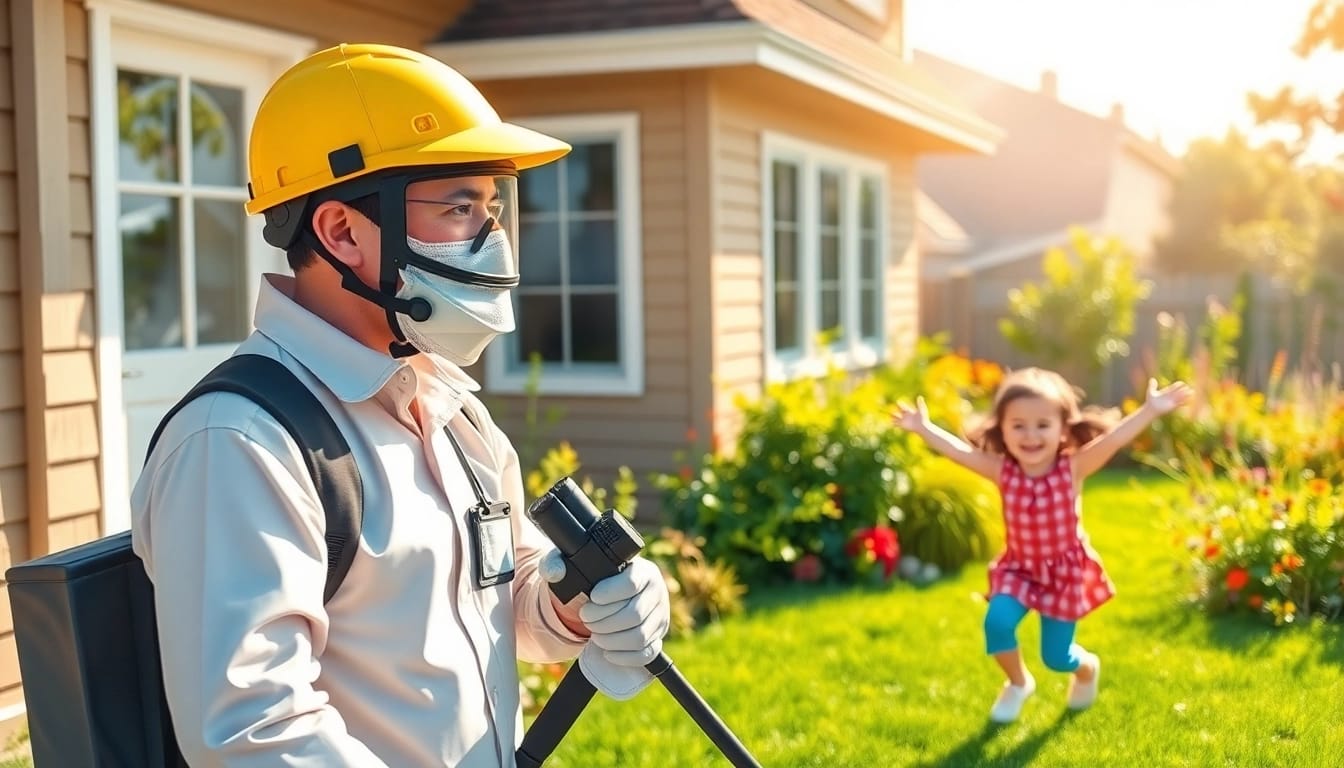 Child friendly exterminator applying eco-safe pest control solutions near a family home, ensuring children's safety.
