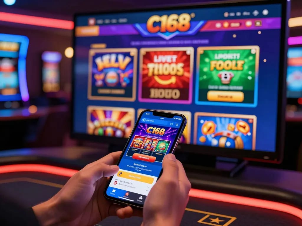 C168 gambling platform interface showcasing diverse gaming options on a smartphone in a lively casino atmosphere.