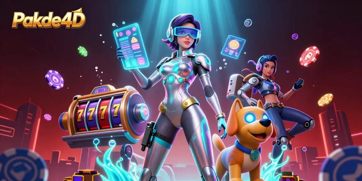Pakde4D features an exciting scene with a futuristic woman, robot dog, and casino elements, highlighting dynamic gameplay.