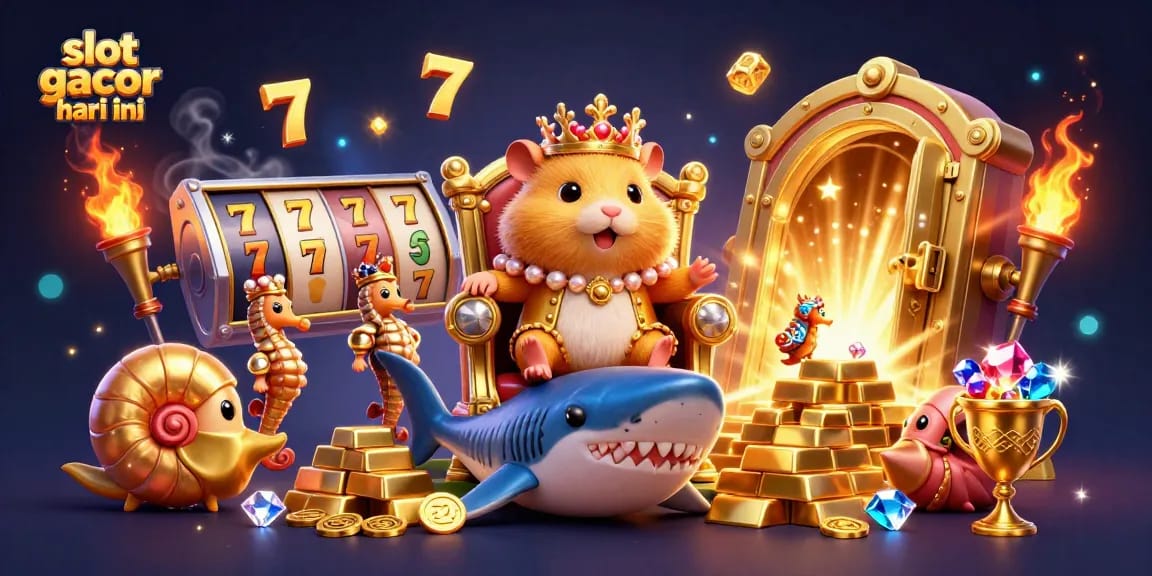 Experience thrilling wins with slot gacor hari ini in a vibrant casino scene featuring a golden hamster king.