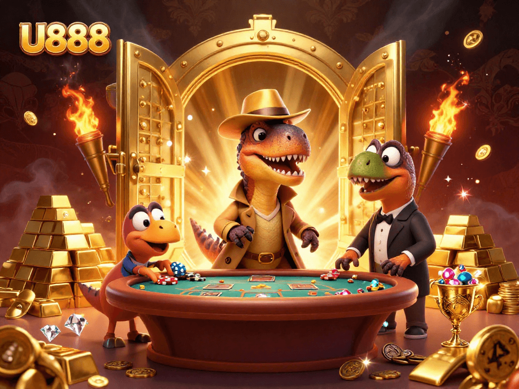 U888 velociraptor card counter engages at blackjack while a stegosaurus pit boss observes.