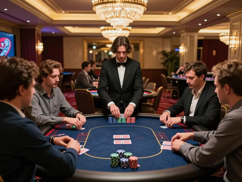 Players engaging in a strategic poker game at a luxurious casino, featuring the W 88 backdrop.