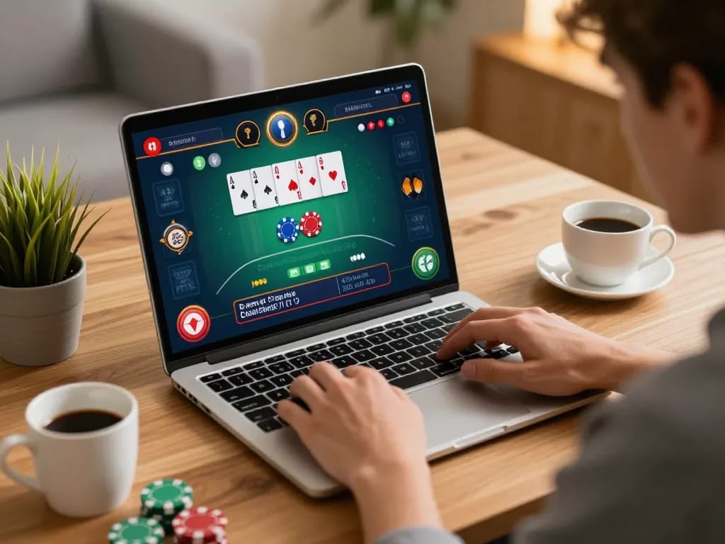 Player engaging in online blackjack on a laptop with cootersbackyardbarandgrill branding, emphasizing strategic gambling at home