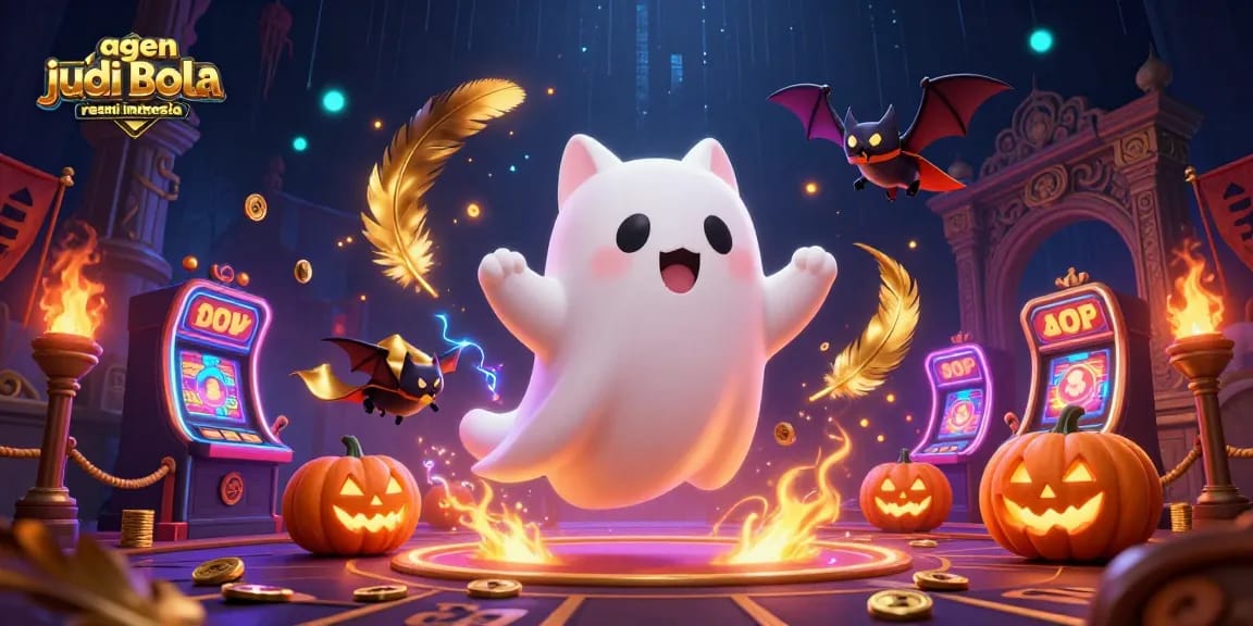 A captivating scene featuring a ghost cat and a bat in a haunted casino, promoting agen judi bola resmi indonesia with thrilling elements.