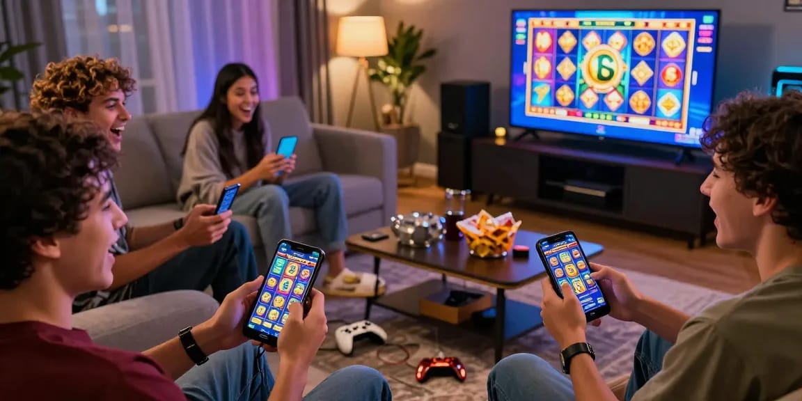 Friends enjoying a thrilling gaming experience with the slot zeus app, showcasing vibrant graphics and excitement.