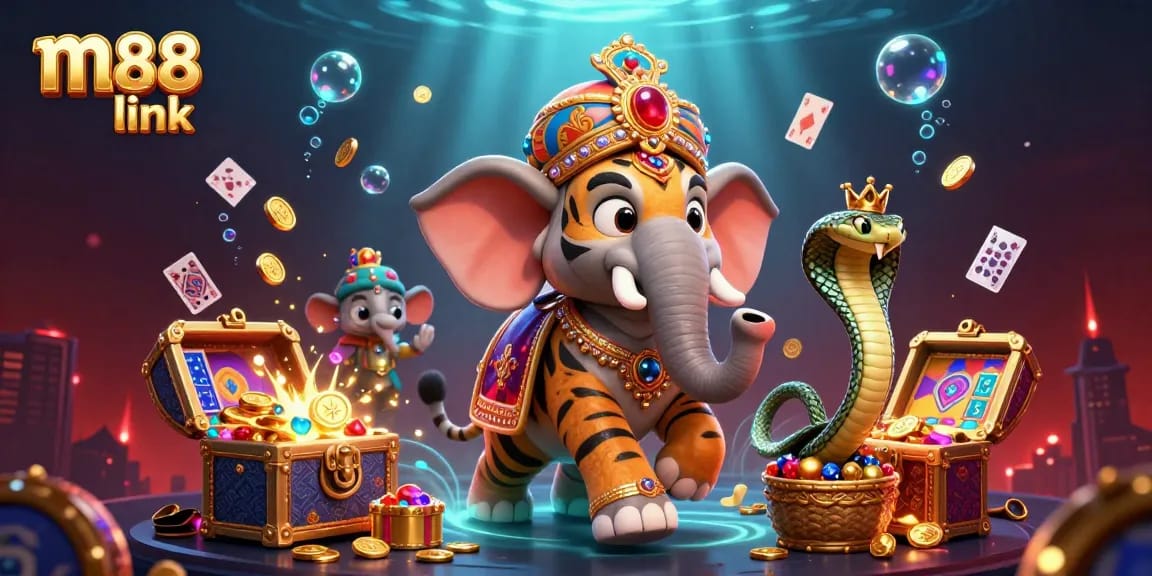 Experience the thrill of winning with m88 link in this vibrant 3D casino illustration packed with exciting game elements.