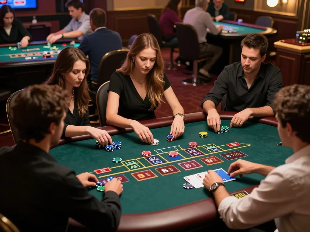 Agen Casino Online players passionately engage in a baccarat game, showcasing vibrant betting options and warm atmosphere.