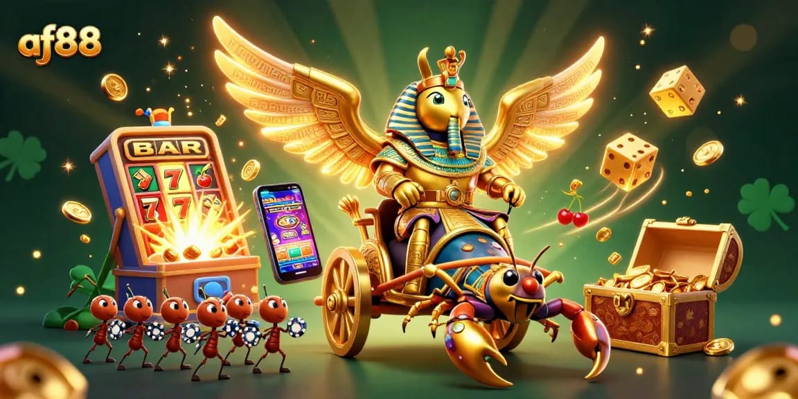 Win big at af88 with a dazzling 3D casino world featuring a golden scarab beetle and slot jackpots.