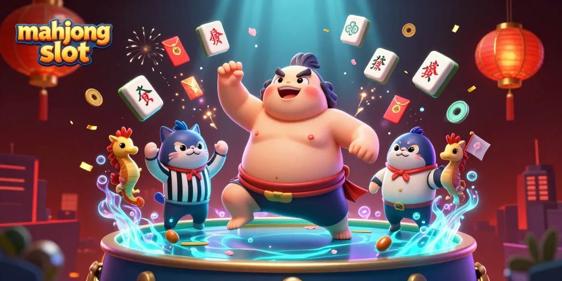 Engage with the vibrant mahjong slot scene featuring a large fugu and colorful casino elements.