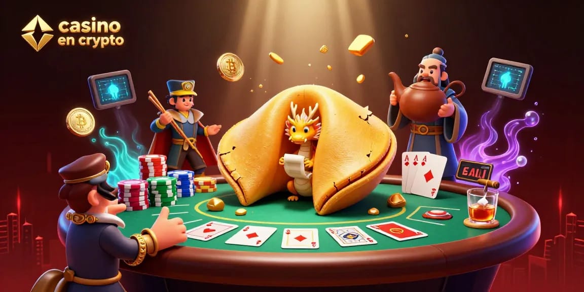 Illustration captivante d'un casino en ligne crypto avec un dragon sage, des jetons de poker, et des pièces de Bitcoin.