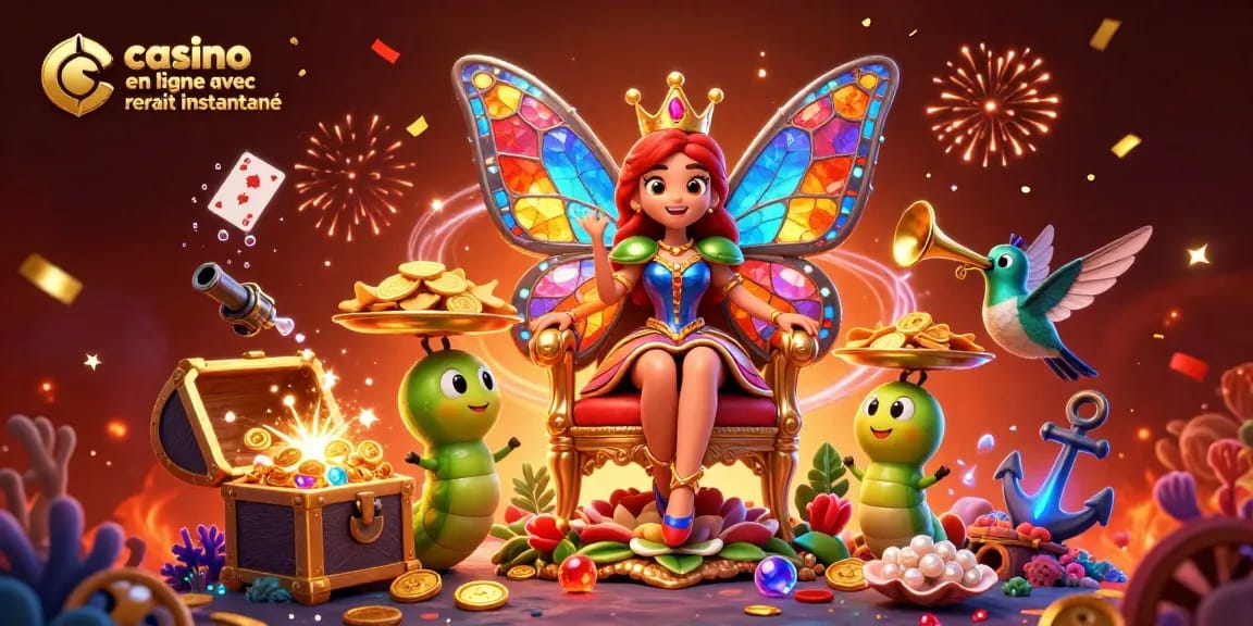 Jouez au casino en ligne avec retrait instantané tout en observant une majestueuse reine papillon illustrée en 3D.