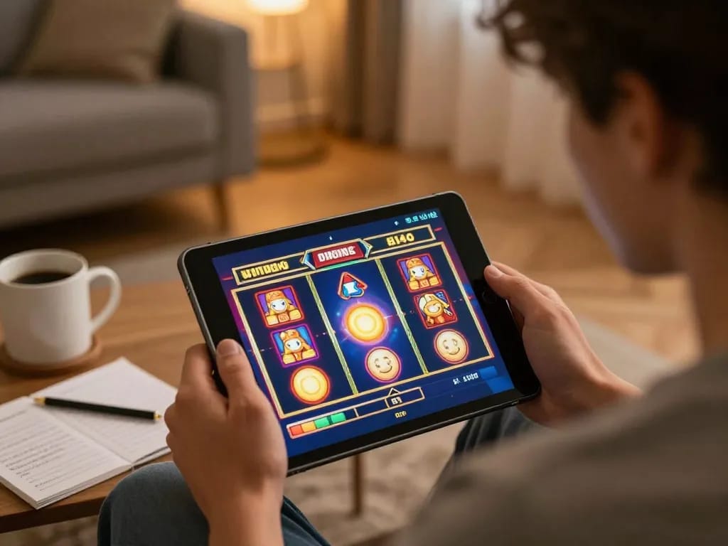 Enjoying slot online games on a tablet in a cozy home setup with vibrant graphics and coffee nearby.
