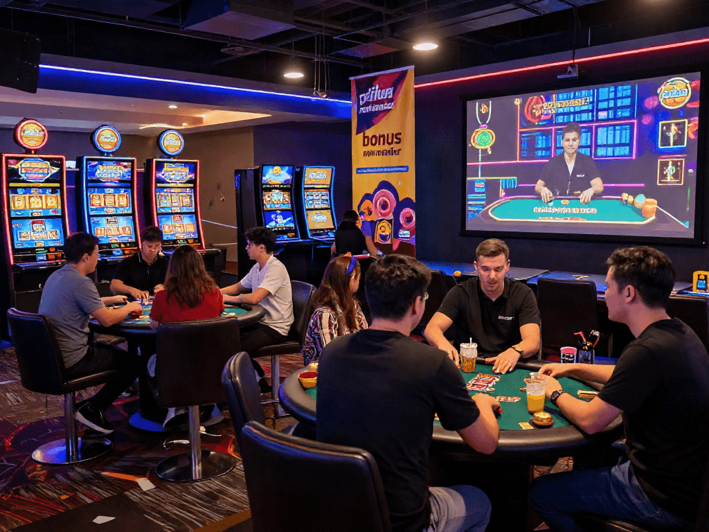 Players engaging in vibrant virtual casino with bonus new member promotions visible, capturing excitement and energy.