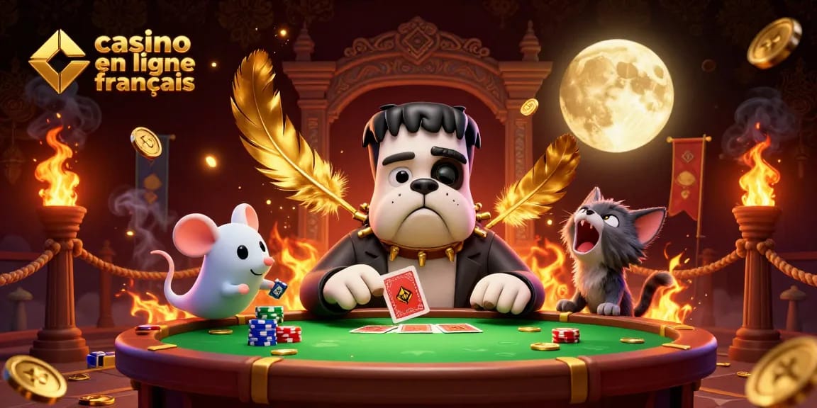 Une scène animée de casino en ligne français avec un bulldog Frankenstein, une souris fantôme et un chaton loup.