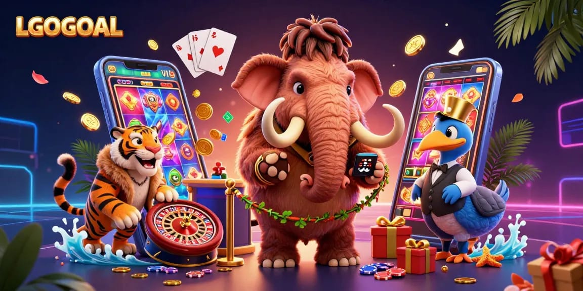 LGOGOAL showcases a vibrant casino scene with a woolly mammoth bouncer and a saber-tooth tiger VIP.