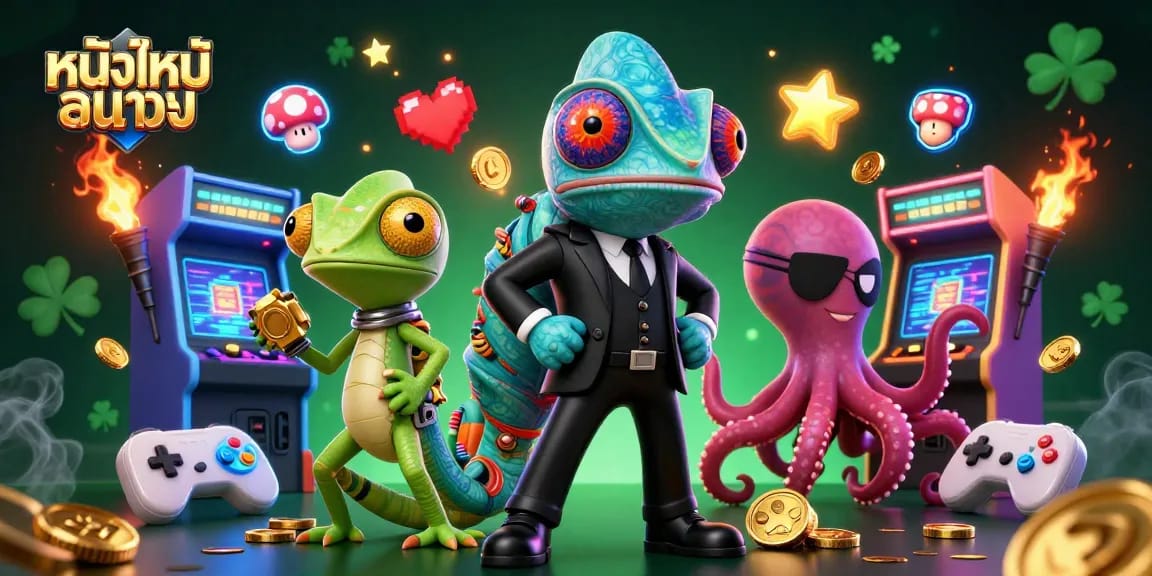 ภาพการ์ตูน 3D เกี่ยวกับ หนังใหม่ชนโรง ที่ใช้สีสันสดใสและสัญลักษณ์การพนัน
