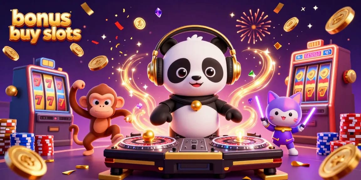 Experience bonus buy slots with a vibrant scene of animated casino characters celebrating big wins.