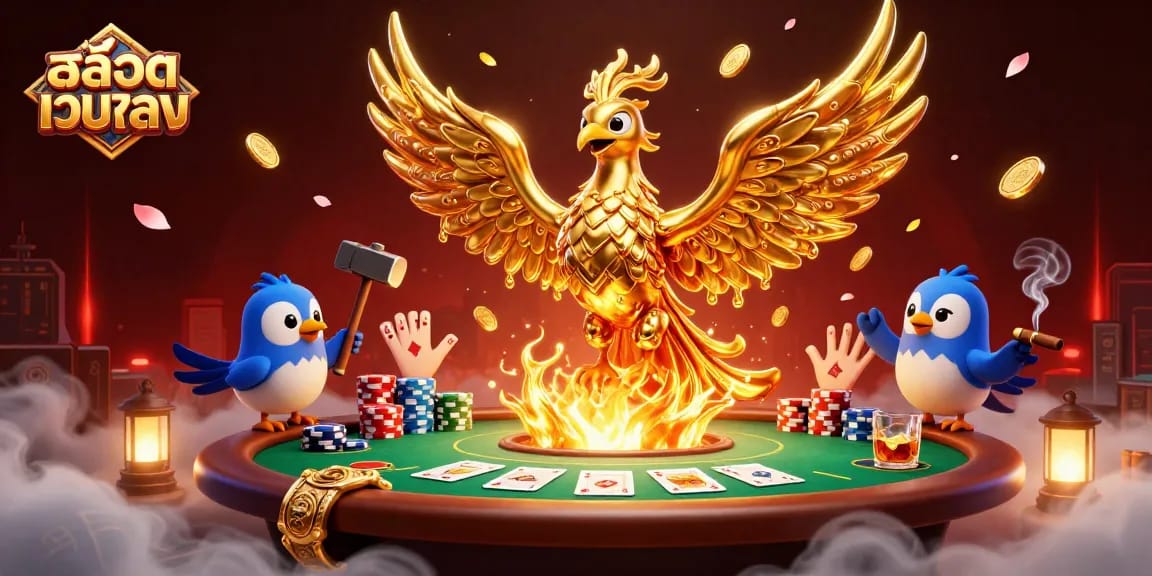 Engage with สล็อตเว็บตรง through a stunning illustration showcasing a cartoon phoenix, coins, and poker elements.