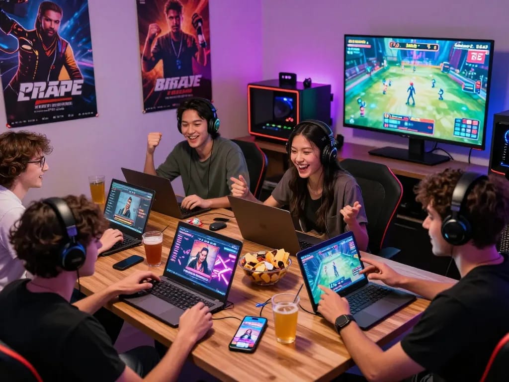 Playing free porn games in a lively gaming lounge with friends.