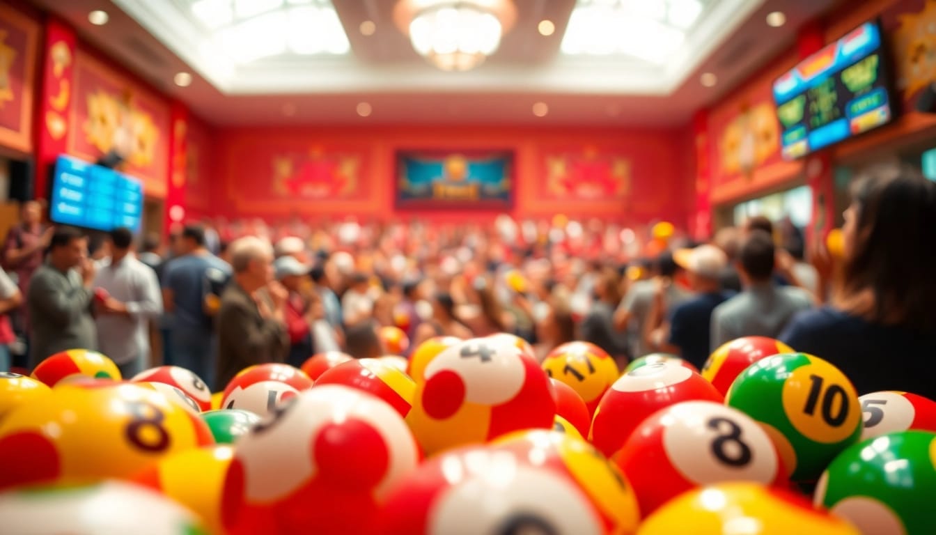 Toto togel yang menarik dengan bola berwarna cerah dan kerumunan peserta yang enerjik.