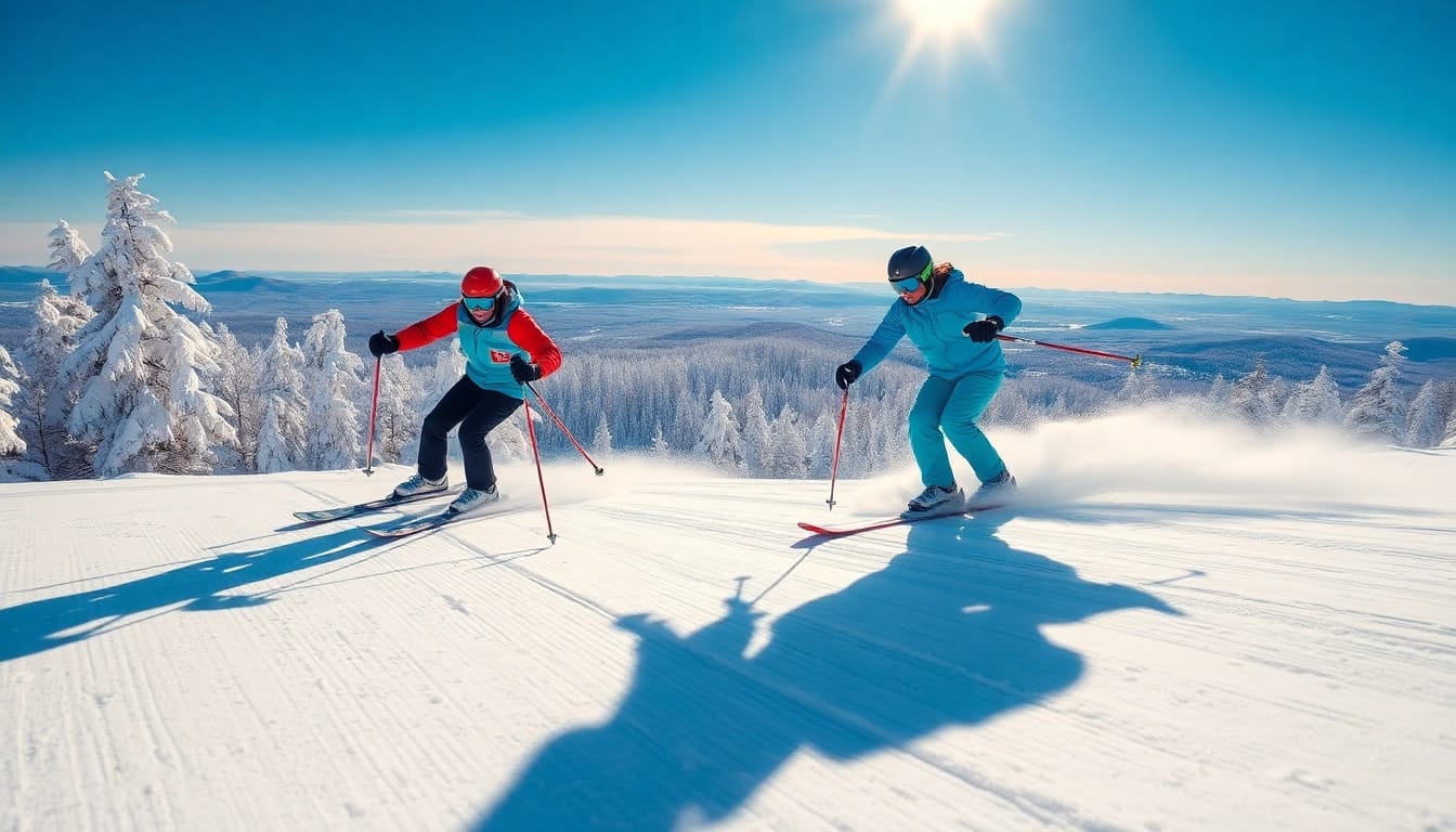 Thrilling wayland, ma ski and snowboard action on a scenic slope with skilled athletes.