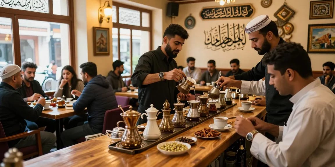 قهوجيين وصبابين يقدمون القهوة في مقهى تقليدي ملون.