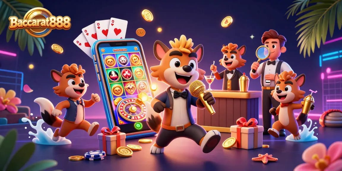 Baccarat888 players enjoy lively scenes with hyenas in a casino, mixing drinks, and making jokes.