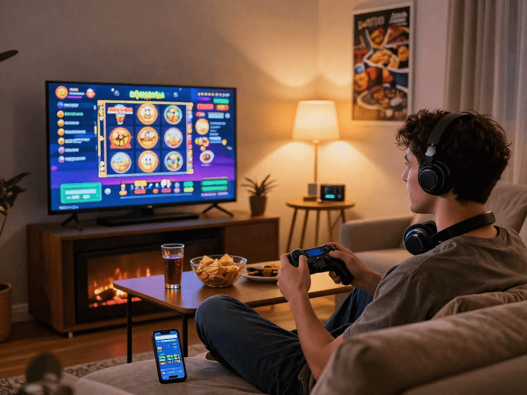 Enjoying a lively slot kamboja gaming session at home with snacks and cozy lighting.