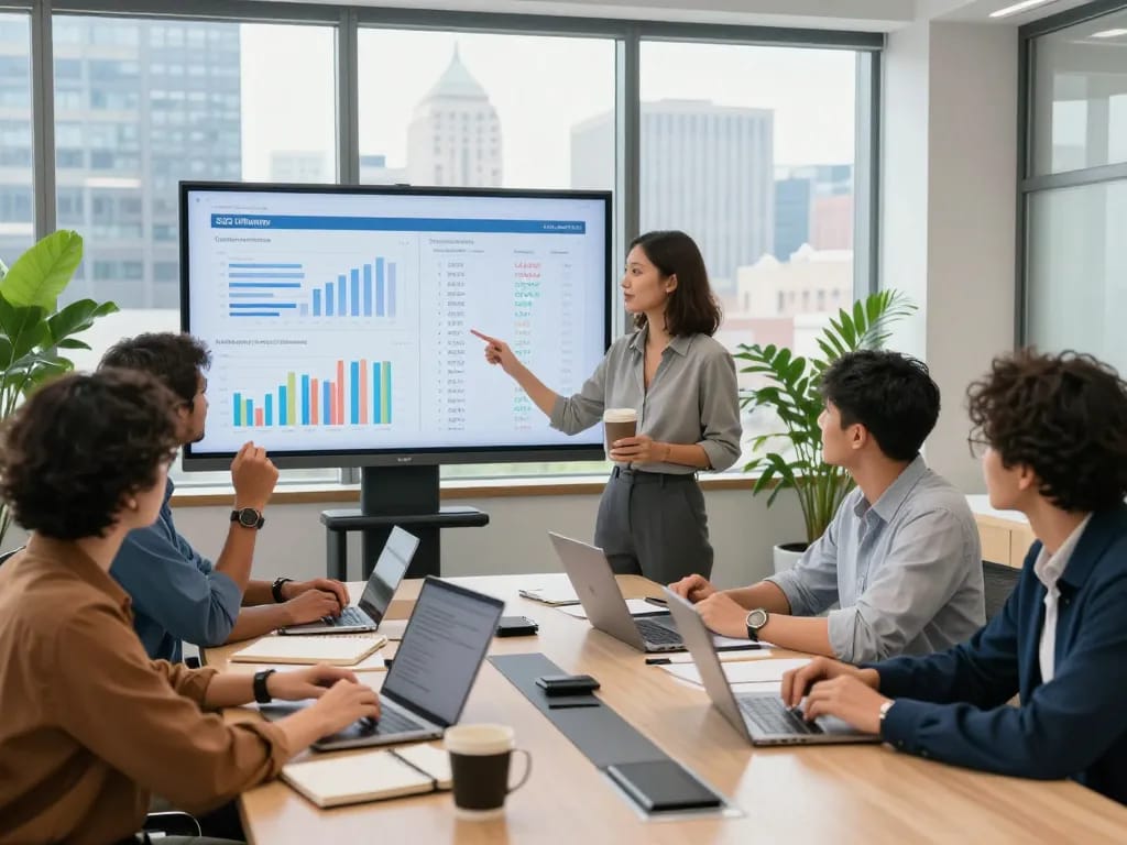 New York SEO Services team collaborating in a modern office meeting.