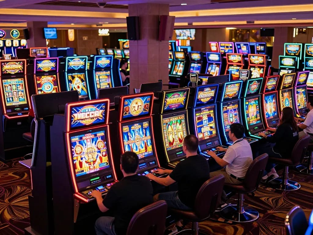 Excited players engaging with colorful slot machines in a vibrant casino atmosphere.
