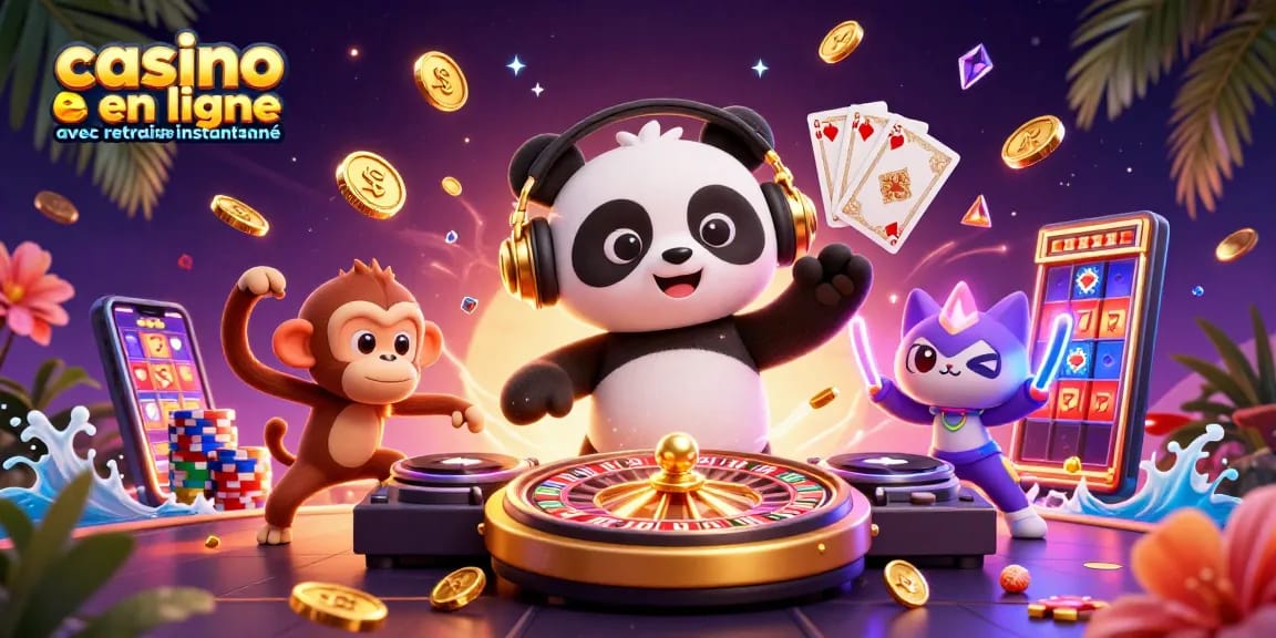 Jouer au casino en ligne avec retrait instantané, un DJ panda anime la fête avec des éléments de casino animés.