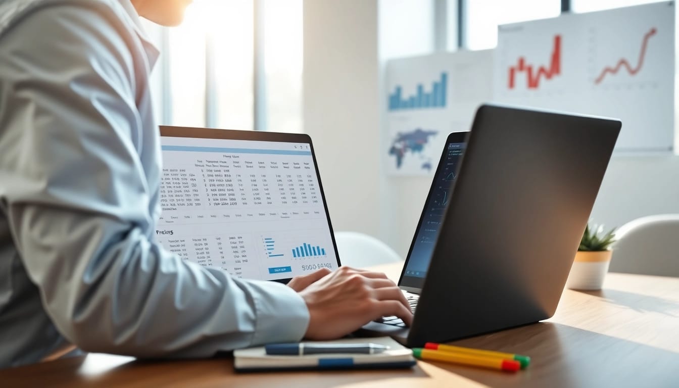 Find competitor pricing with a professional analyzing data on a laptop in a bright office.