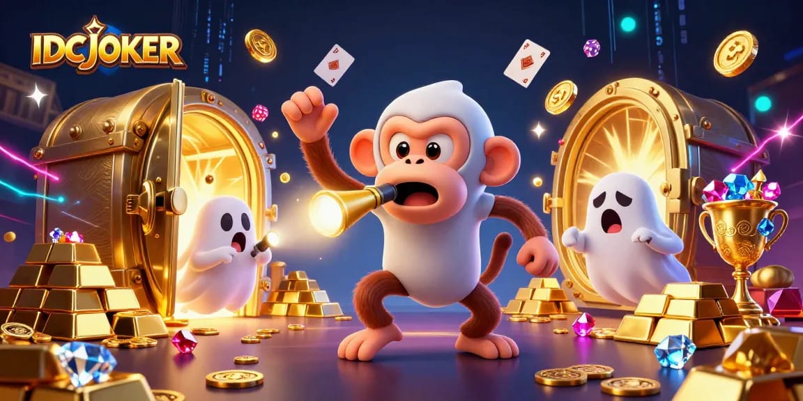 Engage with IDCJOKER's thrilling casino adventure featuring a playful poltergeist monkey and a curious puppy.