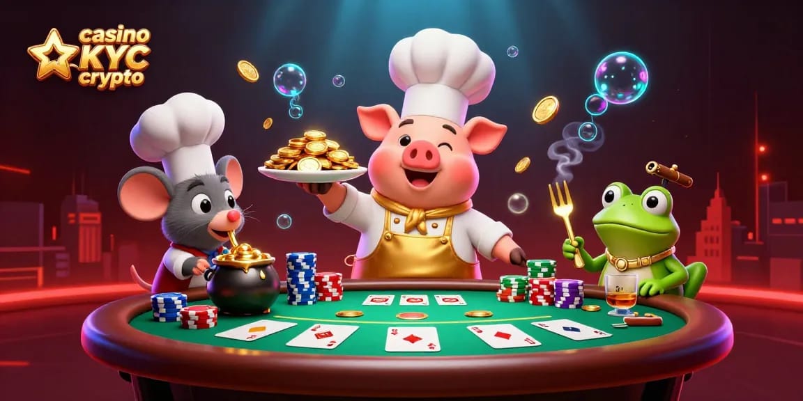 Illustration riche en détails d'un casino sans KYC crypto avec des personnages animateurs et des éléments de jeu.