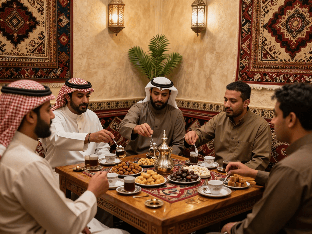 جلسة مع الأصدقاء في مقهى يقدم قھوجیین وصبابین الریاض مع القهوة العربية والحلويات التقليدية.