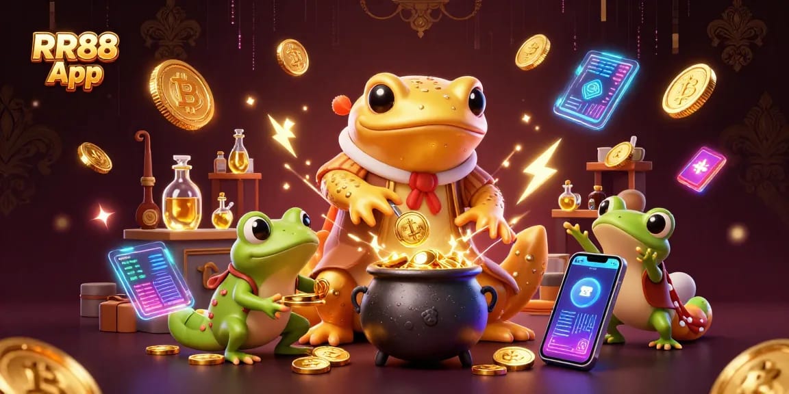 Experience the thrilling RR88 App with a vibrant scene of alchemy, cryptocurrency, and live gaming.