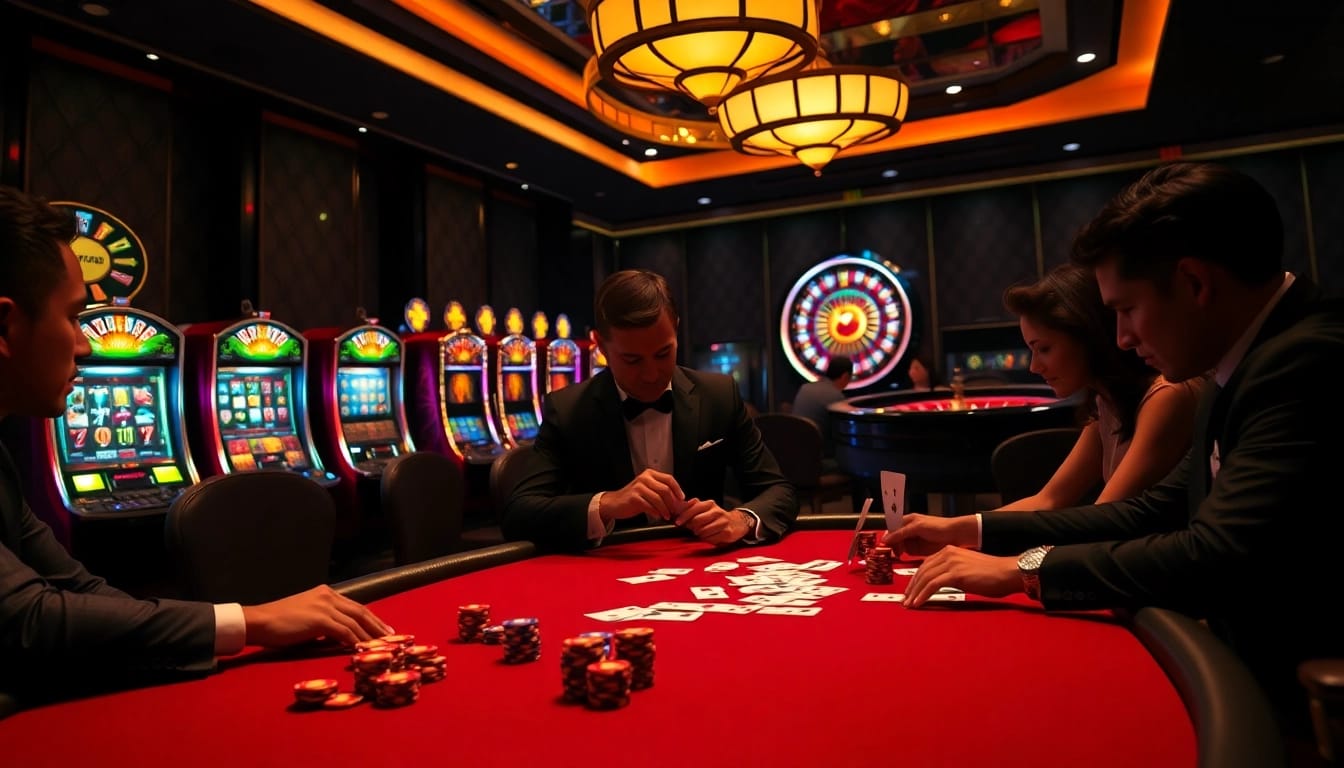 KPI4D players engaged in a high-stakes poker game surrounded by vibrant casino elements.