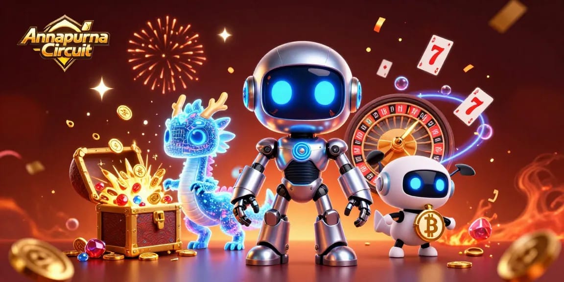 Annapurna Circuit showcases thrilling casino vibes with a dazzling cyberpunk robot, AI dragon, and bitcoin drone amidst floating playing cards and roulette.
