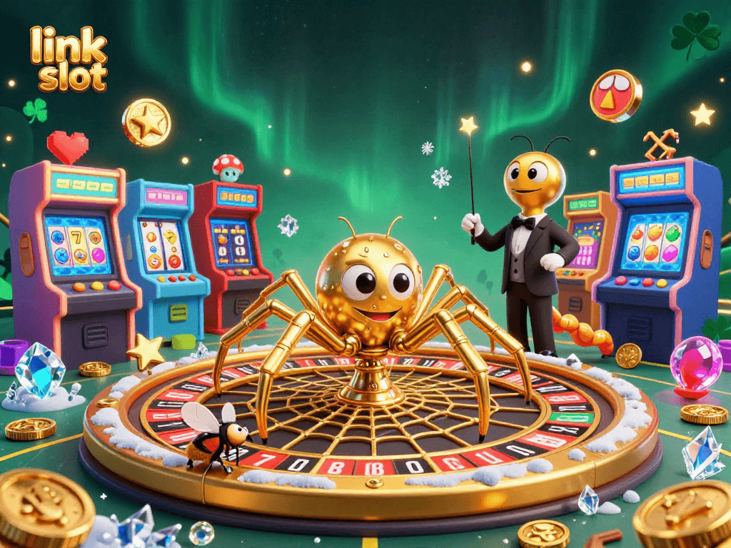 Engage in exciting gameplay at link slot, featuring a spider, croupier, and arcade machines.