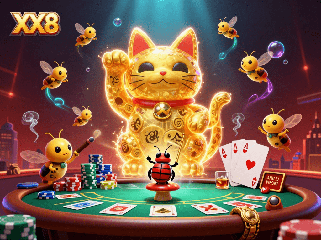 XX8 showcases a vibrant casino world with a lucky cat and poker elements, bringing excitement to gambling.
