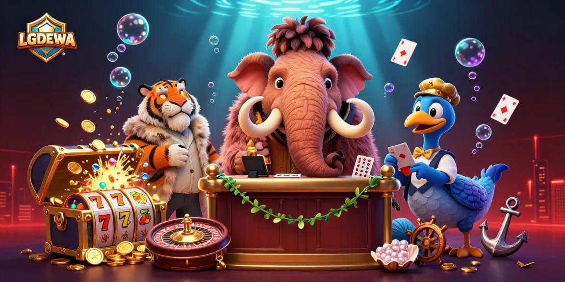 Experience the excitement at LGODEWA with a woolly mammoth bouncer and vibrant slot game elements.