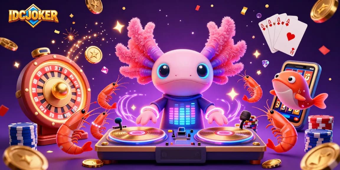 IDCJOKER's underwater party with DJ axolotl, shrimp dancers, and casino excitement showcases vibrant gaming action.