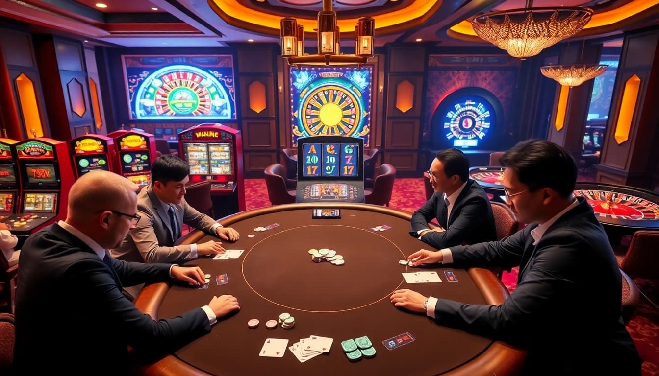 The excitement of gaming at พอร์ทเกม F168, showcasing a vibrant casino scene with players at a poker table and slot machines.