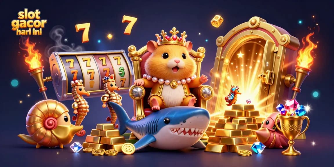 Experience thrilling wins with slot gacor hari ini in a vibrant casino scene featuring a golden hamster king.
