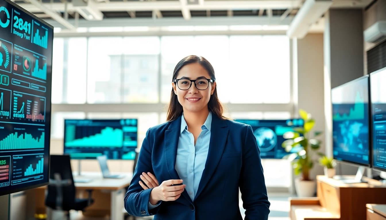 Illustration of an enterprise assistant navigating digital tools in a modern office.